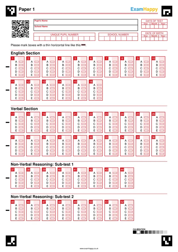 Exam Happy exam-style answer sheet — the same fill-in-the-boxes format used in real 11+ exams, marked automatically from a photo
