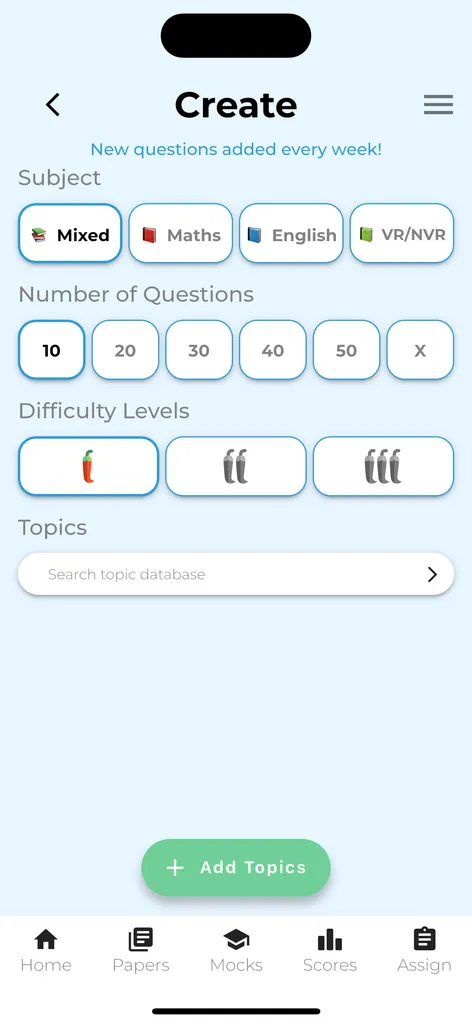 Create a worksheet: choose subject, number of questions, and difficulty