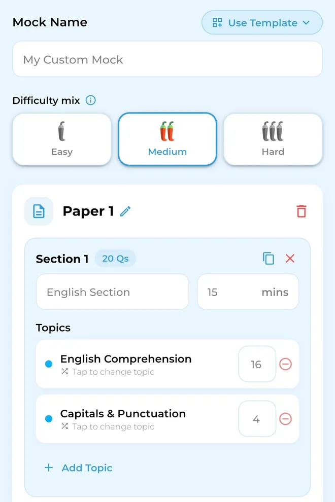 Exam Happy custom mock builder — difficulty mix, sections, topics and timings