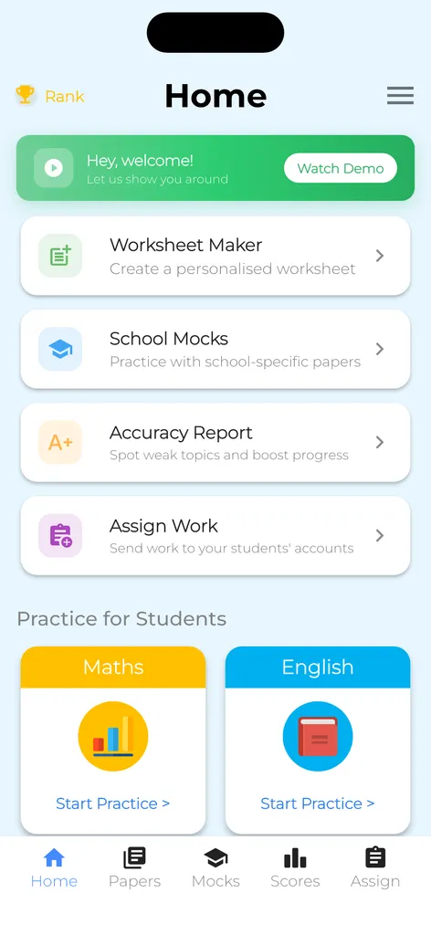 Exam Happy home screen showing Worksheet Maker, School Mocks, and Practice for You