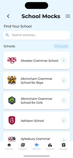 Search for schools in the Exam Happy app